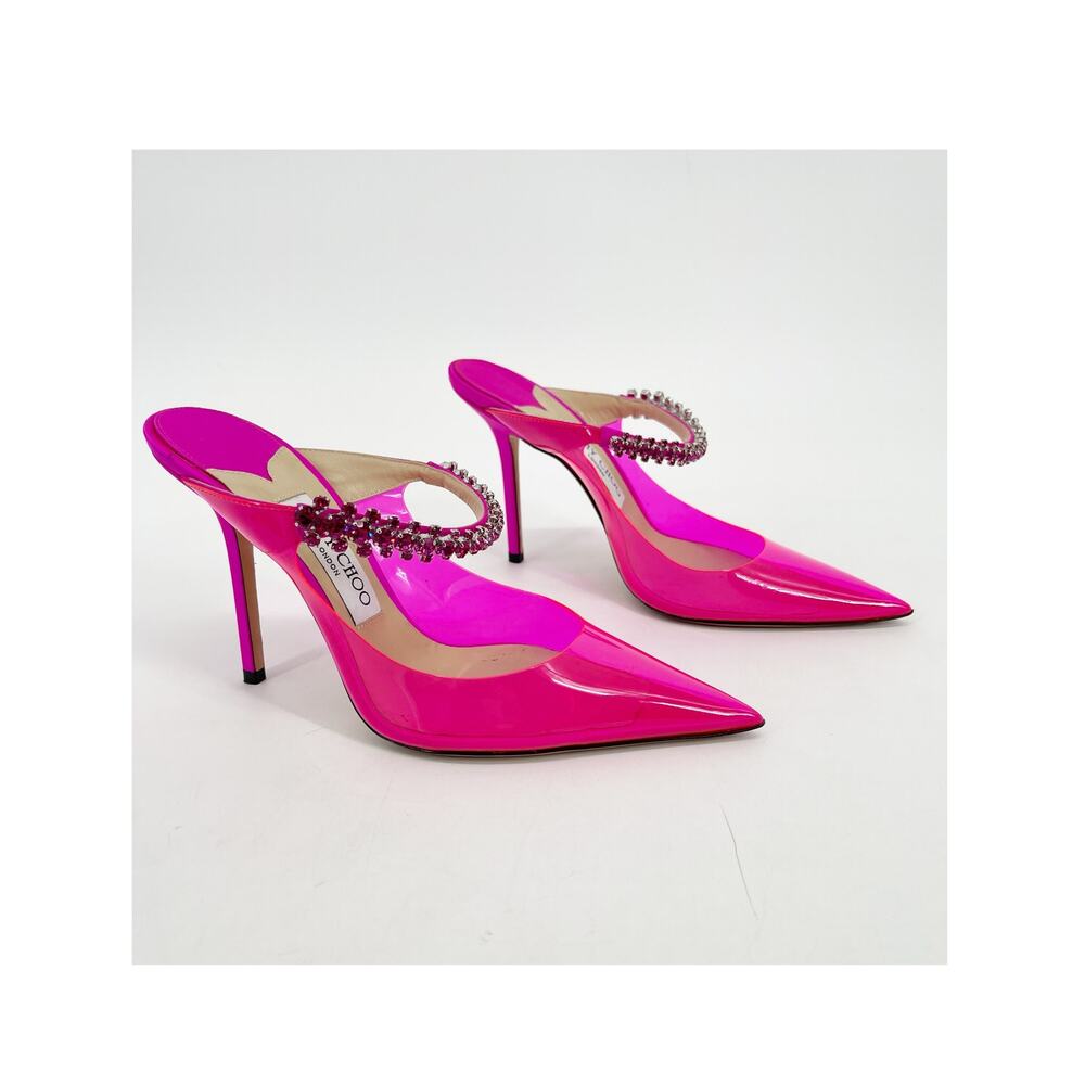 Jimmy Choo Bing 100 Pink Plexi Crystal Strap Pointed Toe Mule Slide Heels IT 39